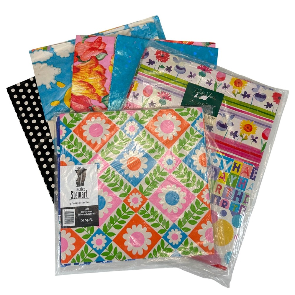 VTG Jessica Stewart The Finishing Touch Assorted Floral Rainbow Gift Wrap Lot OS